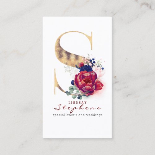 S Monogram Burgundy Gold and Navy Blue Floral Business Card