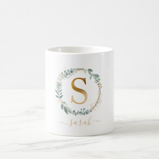 S monogram, customer specific leafy wreath   coffee mug (Center)