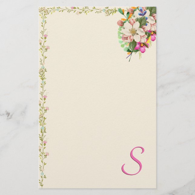 S Monogram Floral Bouquet Stationery (Front)