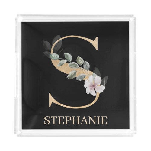 S Monogram Floral Personalized Acrylic Tray