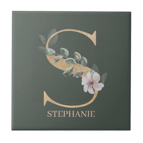 S Monogram Floral Personalized Ceramic Tile