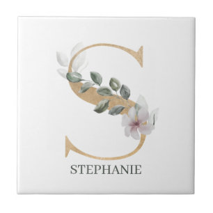 S Monogram Floral Personalized Ceramic Tile