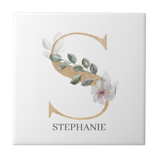 S Monogram Floral Personalized Ceramic Tile (Front)