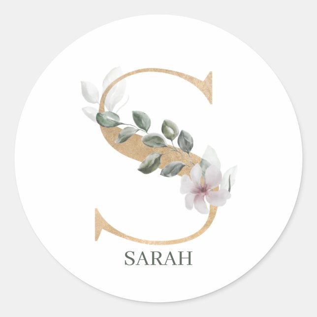 S Monogram Floral Personalized Classic Round Sticker (Front)