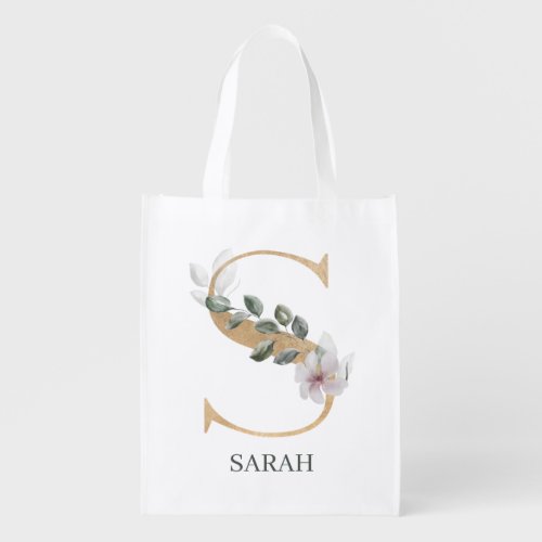 S Monogram Floral Personalized Grocery Bag