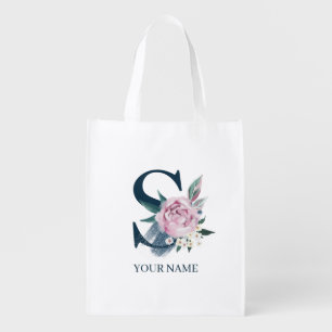 S Monogram Floral Personalized Grocery Bag