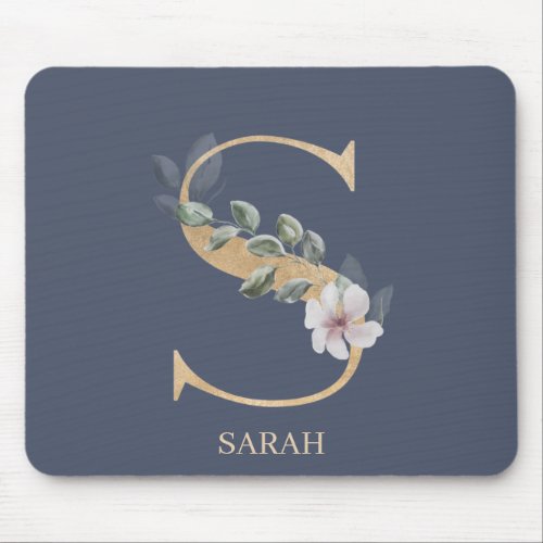 S Monogram Floral Personalized Mouse Pad