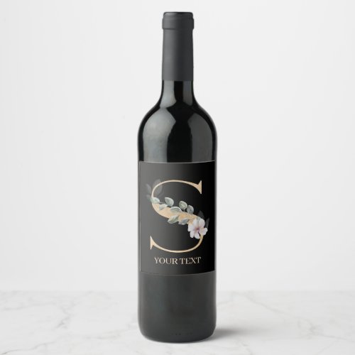 S Monogram Floral Personalized Wine Label