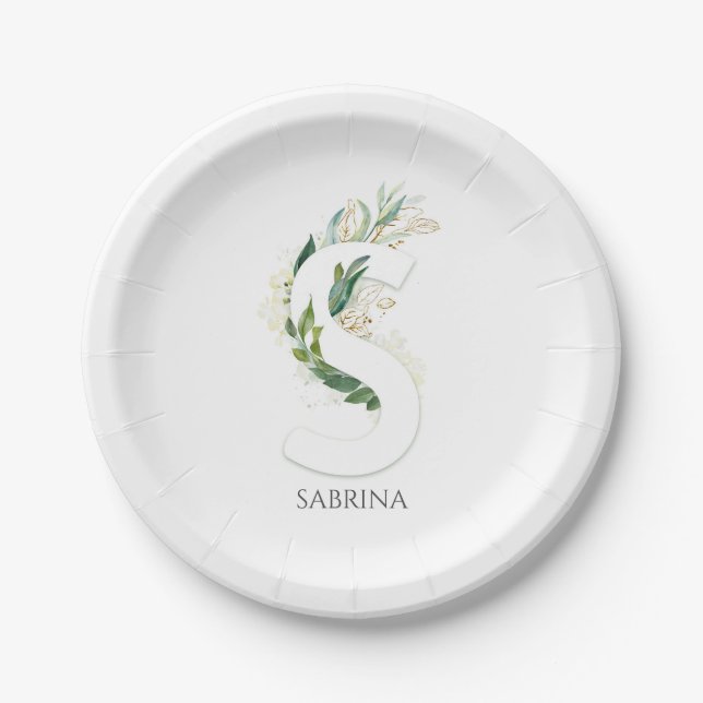 S Monogram Gold Greenery Leaves Elegant Name Paper Plates (Front)
