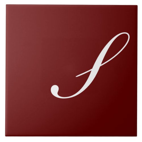 S Monogram Initial White on Maroon Ceramic Tile