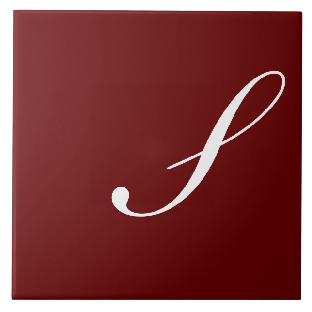 S Monogram Initial White on Maroon, Ceramic Tile (Front)