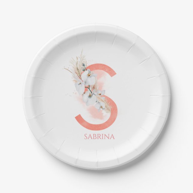 S Monogram Name Pampas Grass White Orchids Paper Plates (Front)