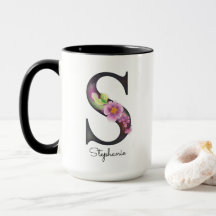 S Monogram Purple Floral Personalized Name Mug