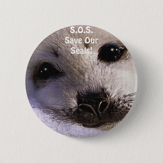 S.O.S. SAVE OUR HARP SEALS PINBACK BUTTON (Front)