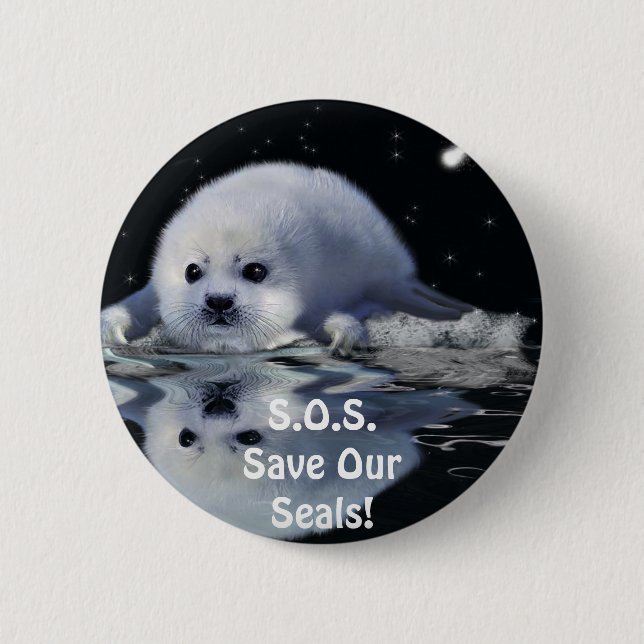 S.O.S. SAVE OUR HARP SEALS PINBACK BUTTON (Front)