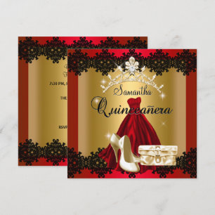 S Quinceanera 15th Red Black Gold Diamond Tiara Invitation