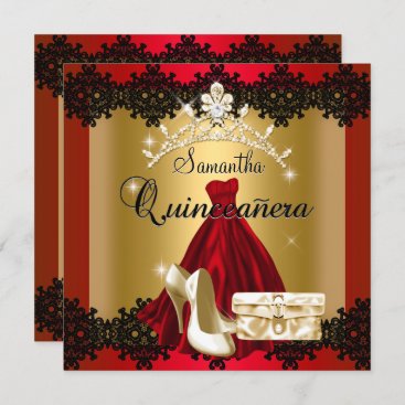S Quinceanera 15th Red Black Gold Diamond Tiara Invitation
