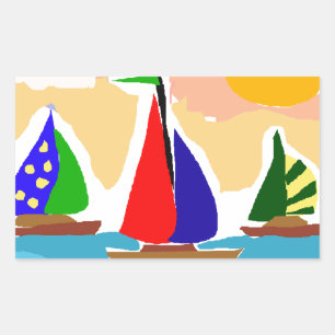 SA- Colorful Sailboat Primitive Art Rectangular Sticker