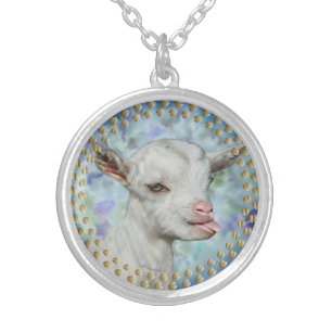 Saanen Baby Kid Goat Painted Portrait Silver Plated Necklace