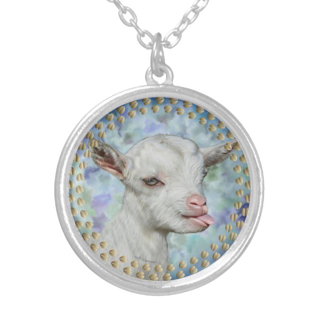 Saanen Baby Kid Goat Painted Portrait Silver Plated Necklace (Front)