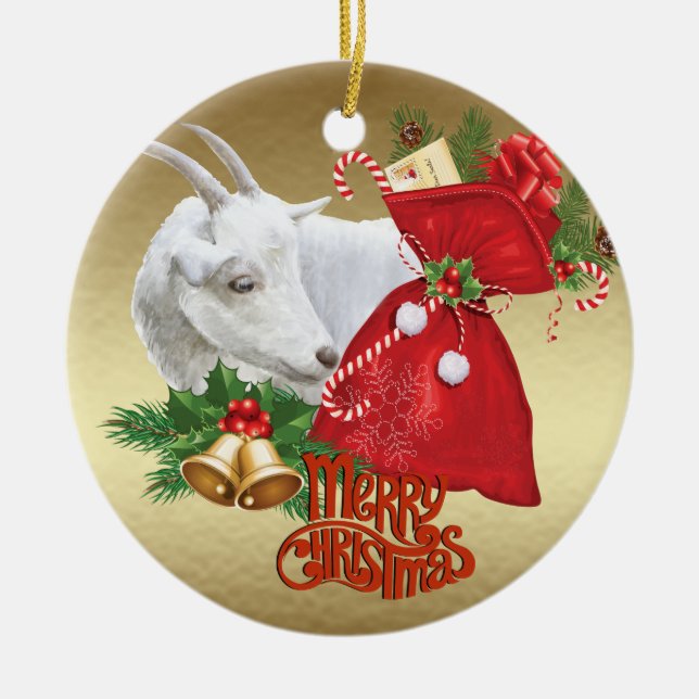 Saanen Christmas  Goat With Holiday Spirit Ceramic Ornament (Front)