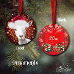 Saanen Dairy Goat Santa Hat Christmas Ornament<br><div class="desc">Hand painted portrait of this pretty Saanen dairy goat in her Santa Hat - on a deep crimson red background with sparkling gold snowflakes.   Goat Christmas ornaments for your Holiday gift giving,  Christmas tree or window ornaments- customize the date on back</div>