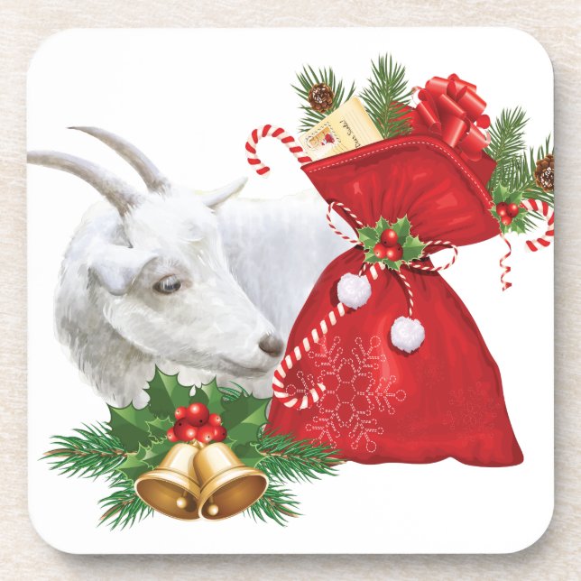 Saanen Goat With Holiday Spirit Beverage Coaster (Front)