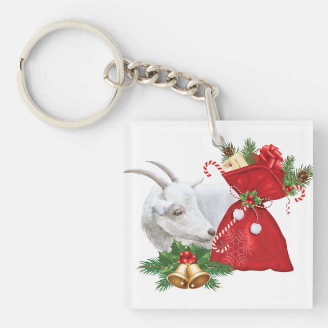 Saanen Goat With Holiday Spirit Keychain (Front)
