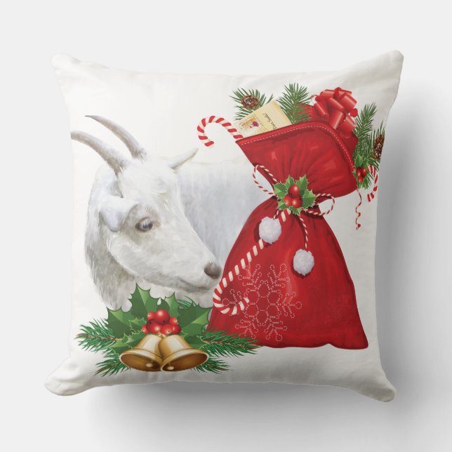 Saanen Goat With Holiday Spirit Throw Pillow (Front)