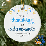 Saba Ve-Savta FIRST HANUKKAH AS GRANDPARENTS  Ceramic Ornament<br><div class="desc">Cute FIRST HANUKKAH as SABA VE-SAVTA (grandparents) ceramic ornament with CUSTOMIZABLE NAMES & YEAR. Design shows Hanukkah blue handwriting script typography with blue and yellow hanging stars. A beautiful souvenir for grandparents first Hanukkah. Design is repeated on the back.</div>