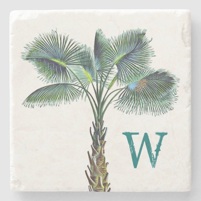 Sabal Palm Tree Monogram Coastal Home Stone Coaster (Front)