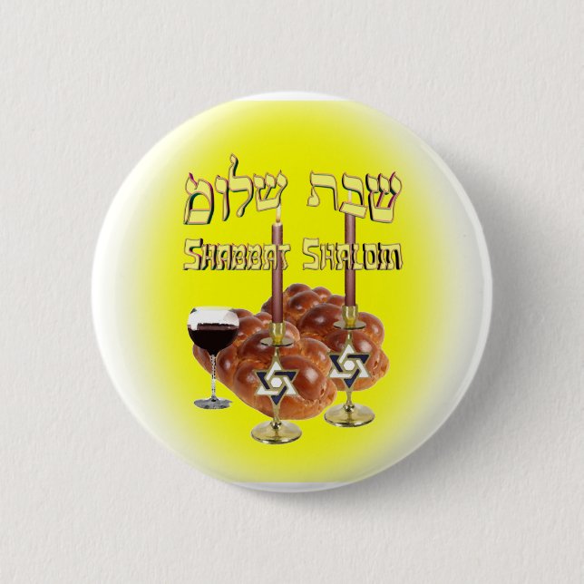 Sabbath Table, Shabbat Shalom Pinback Button (Front)