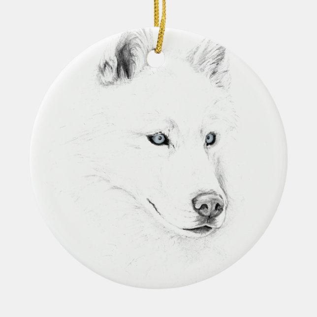 Saber A Siberian Husky Drawing Art Blue Eyes Ceramic Ornament (Front)