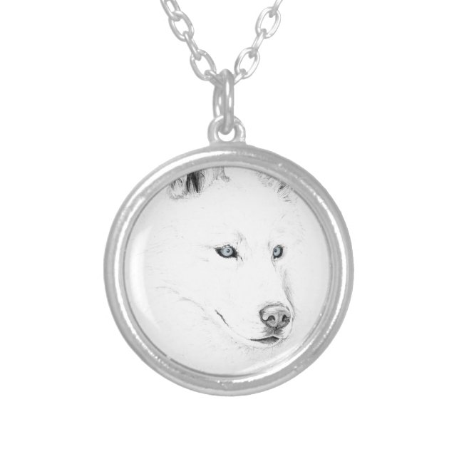 Saber A Siberian Husky Drawing Art Blue Eyes Silver Plated Necklace (Front)