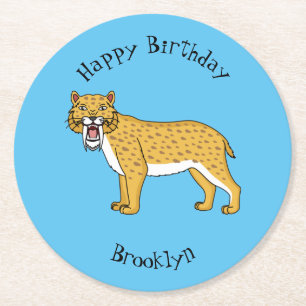 Saber-toothed tiger illustration round paper coaster