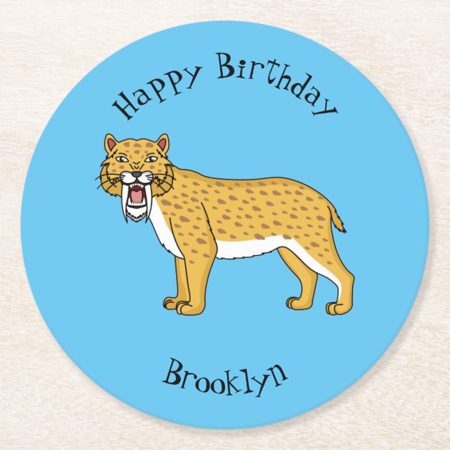 Saber-toothed tiger illustration round paper coaster (Front)