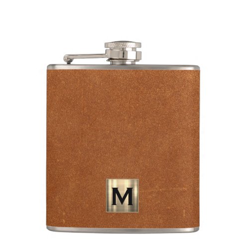 Sable Brown Leather Gold Monogram Flask