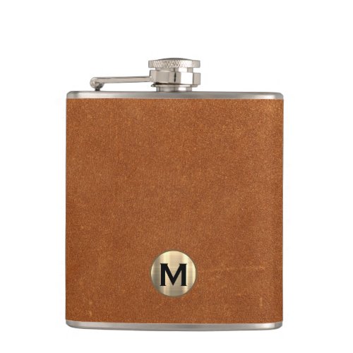 Sable Brown Leather Gold Monogram Flask