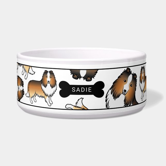 Sable Cartoon Sheltie Dogs Pattern & Name Bowl (Front)