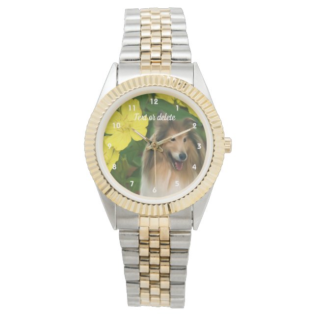 Sable Collie Dog And Yellow Flowers Personalized Watch (Front)