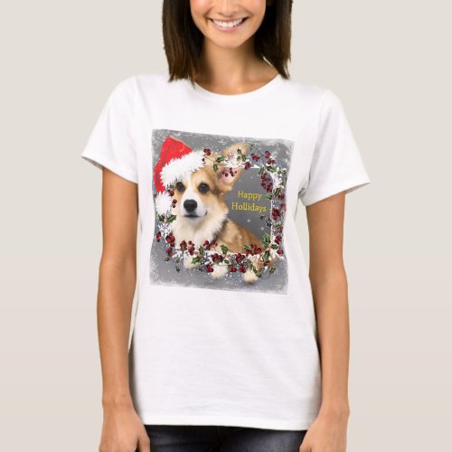 Sable Corgi with Santa Hat T_Shirt
