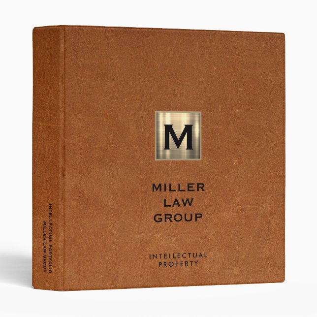 Sable Leather Luxury Gold Initial Logo 3 Ring Binder (Front/Spine)