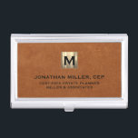 Sable Leather Luxury Gold Initial Logo Business Card Case<br><div class="desc">Simple modern luxury design with brushed metallic gold initial logo medallion with personalized name,  title,  company name or custom text below in classic block typography on a sable brown leather textured background. Personalize for your custom use.</div>