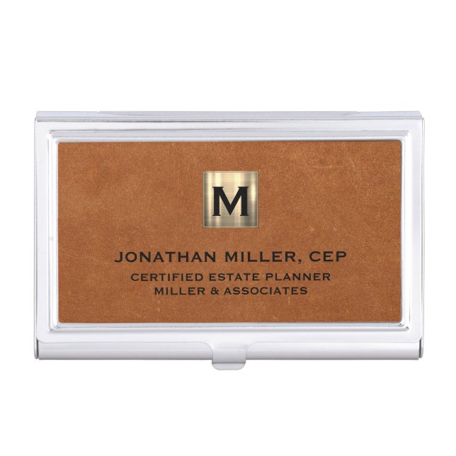 Sable Leather Luxury Gold Initial Logo Business Card Case (Front)