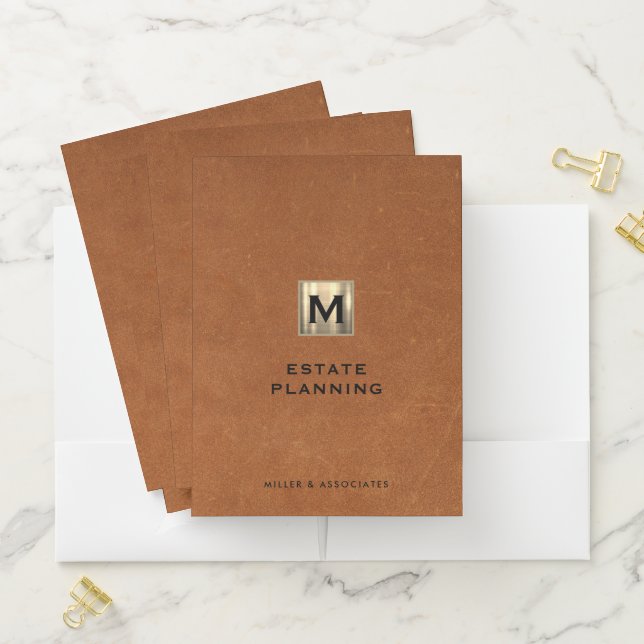 Sable Leather Luxury Gold Initial Logo Pocket Folder (In Situ)