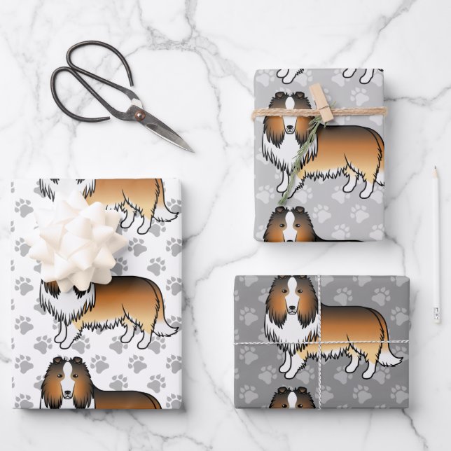 Sable Rough Collie Cute Cartoon Dog Pattern Wrapping Paper Sheets (Front)