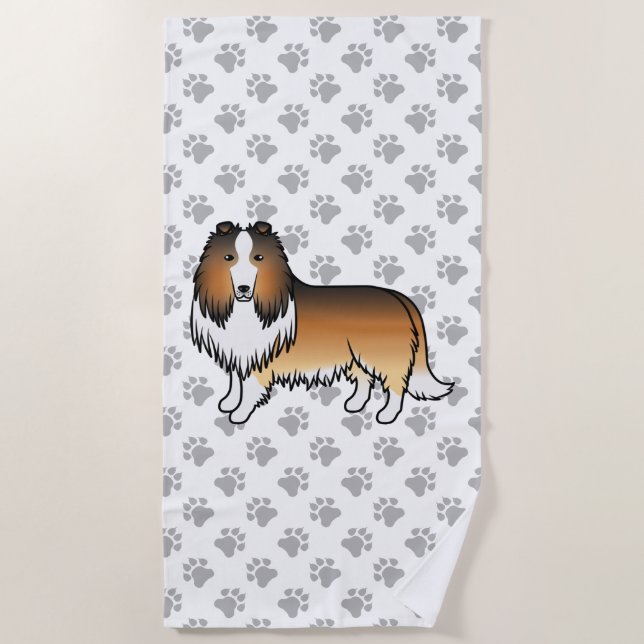 Sable Rough Collie Cute Cartoon Dog & Paws Beach Towel (Front)