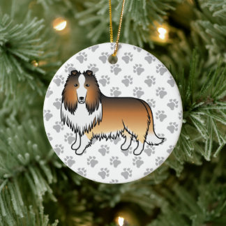 Sable Rough Collie Cute Cartoon Dog &amp; Paws Ceramic Ornament