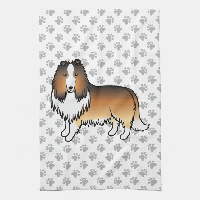 Sable Rough Collie Cute Cartoon Dog & Paws Kitchen Towel (Vertical)