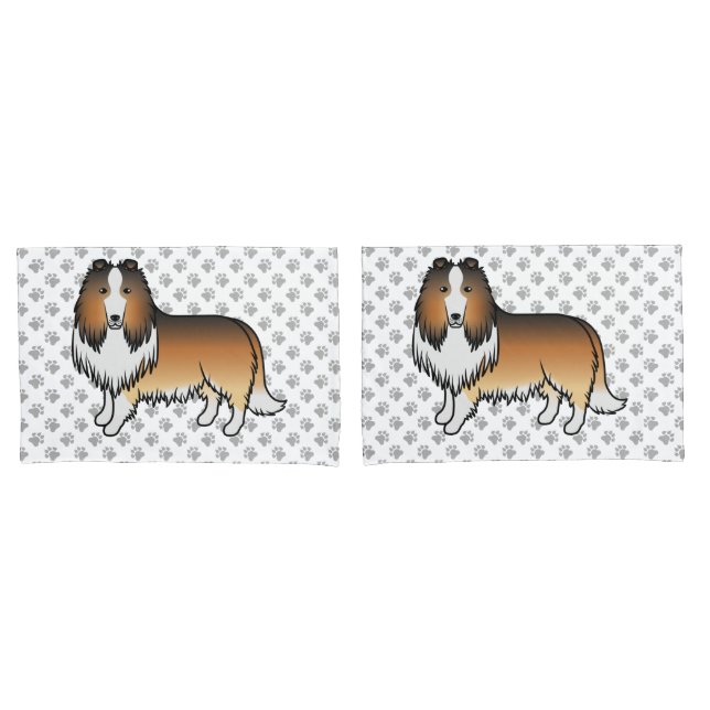 Sable Rough Collie Cute Cartoon Dog & Paws Pillow Case (Front-Set)